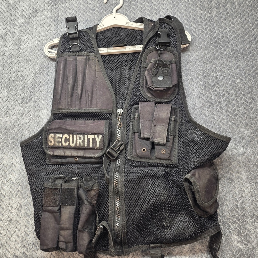 Black Security Tactical Vest Mens Medium Utility‎ MOLLE Mesh Zip Pockets